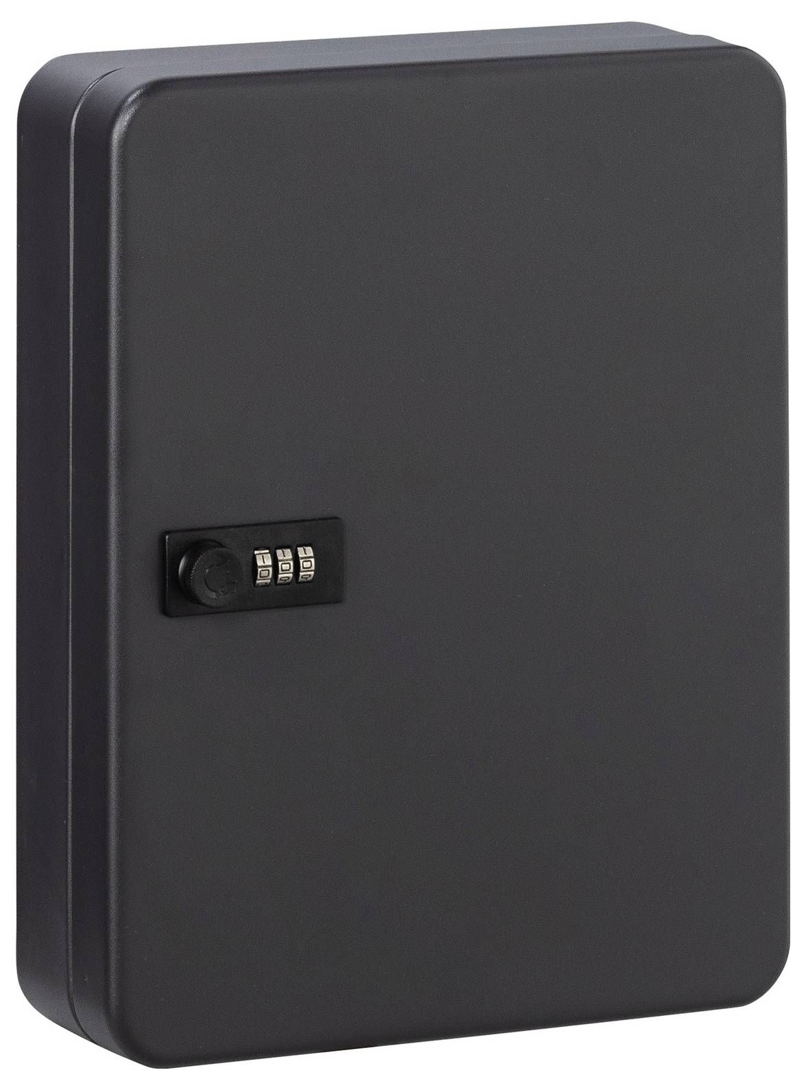 Black safe with numerical lock on the front, rectangular shape, for securely storing valuables.