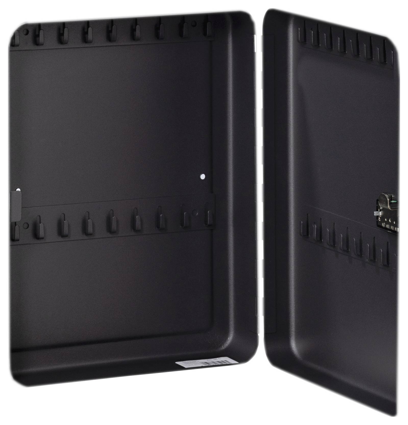 A black, open key cabinet with multiple hooks for organising keys, set against a white background.