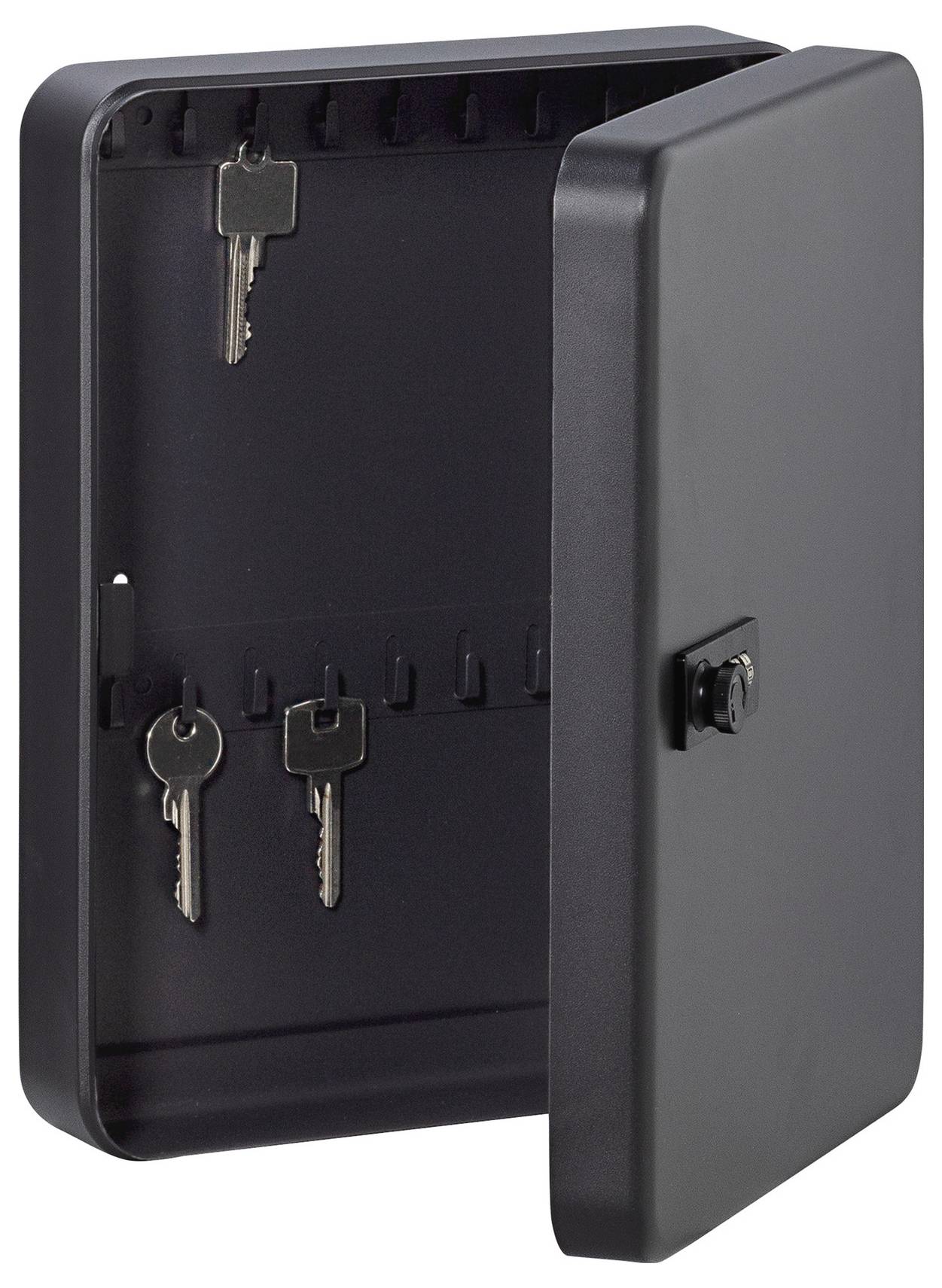 A black key cabinet with an open door, showing four hanging keys.