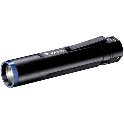 A black torch with a blue trim around the head, clip on the side. 'Varta' inscription on the casing.