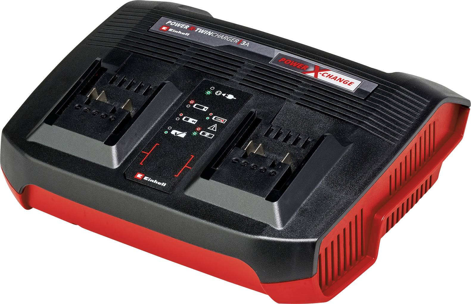 Two Einhell battery chargers, each with two charging slots, in black and red housings. Ideal for Power X-Change battery systems.