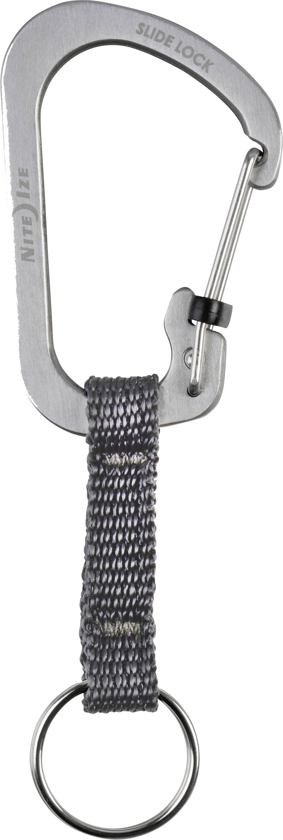 Carabiner keychain with gray strap and metal ring, featuring a slide lock mechanism for secure attachment.