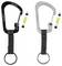 Two slide lock carabiners, one black and one gray, with keyrings. Yellow lock icons indicate locking mechanism on side.