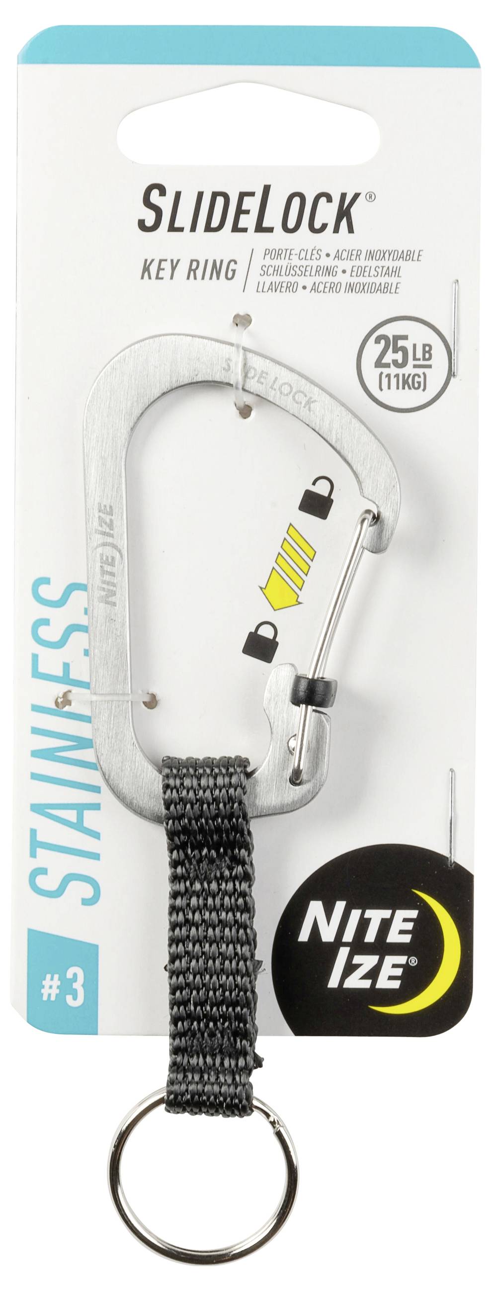 Carabiner-style key ring 'SlideLock #3' by Nite Ize, 25 lb capacity, stainless steel, features a slide lock, attached to a gray strap with a metal key ring.