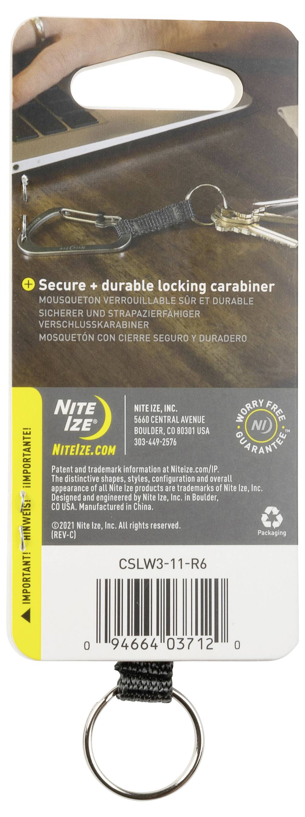 A packaging card showing a locking carabiner, labeled 'Secure + durable locking carabiner'. Includes a website link and contact details.