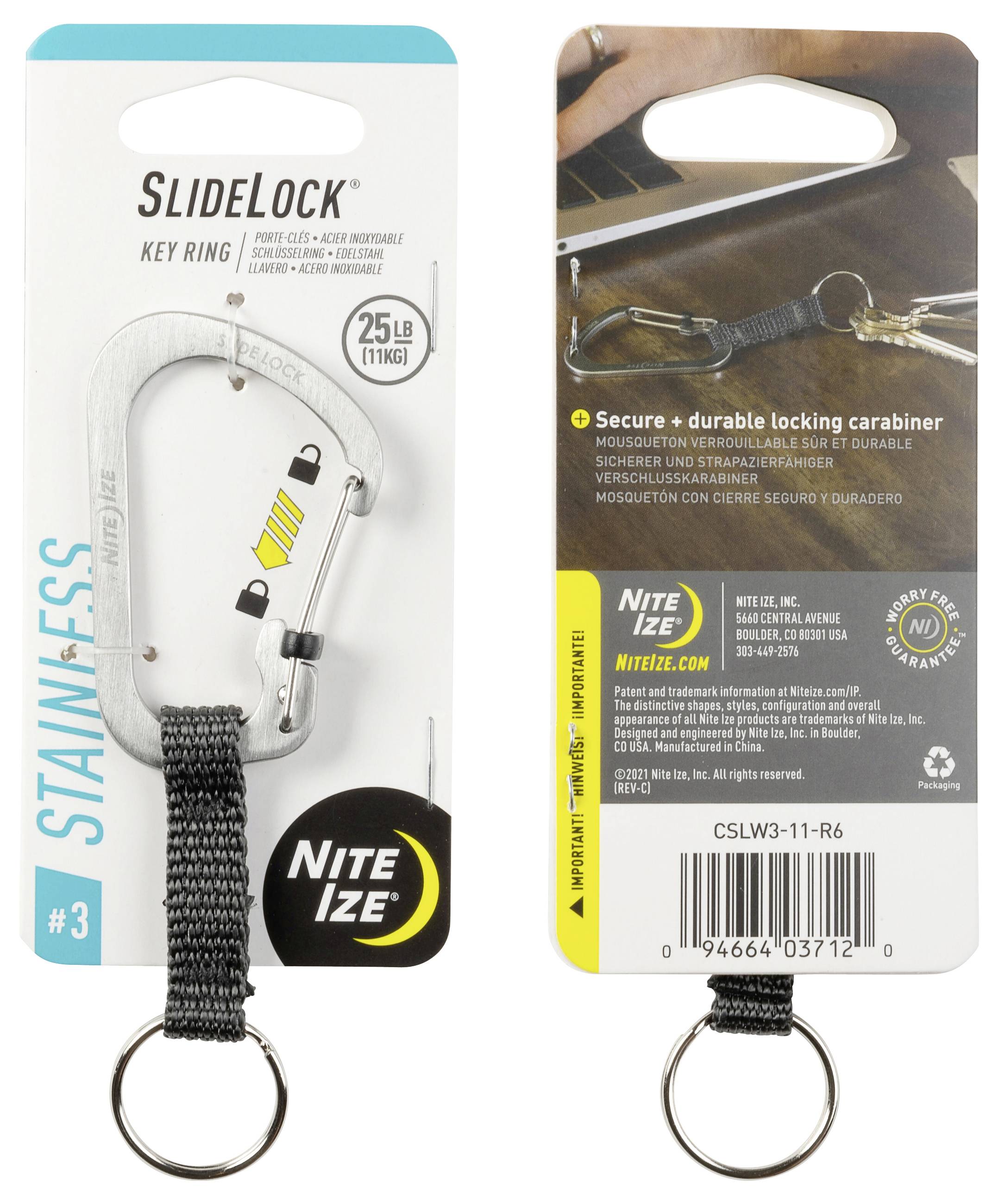 'SlideLock Key Ring' packaging: Front shows a stainless carabiner with woven strap and key ring. Back highlights product features and uses.