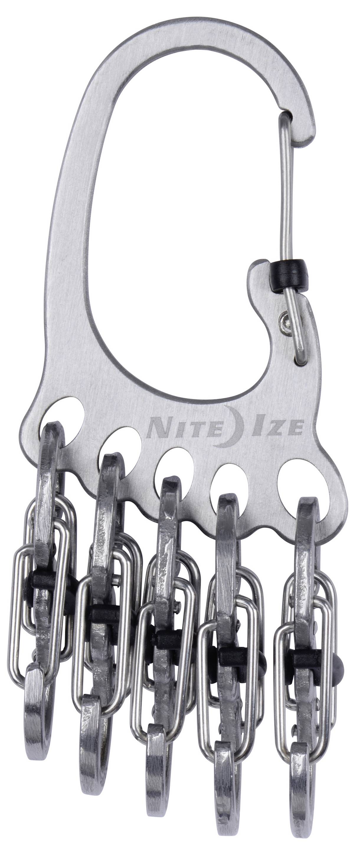 A silver carabiner with the brand name 'Nite Ize' engraved, featuring six attached gear ties in a line, used for organizing and securing items.