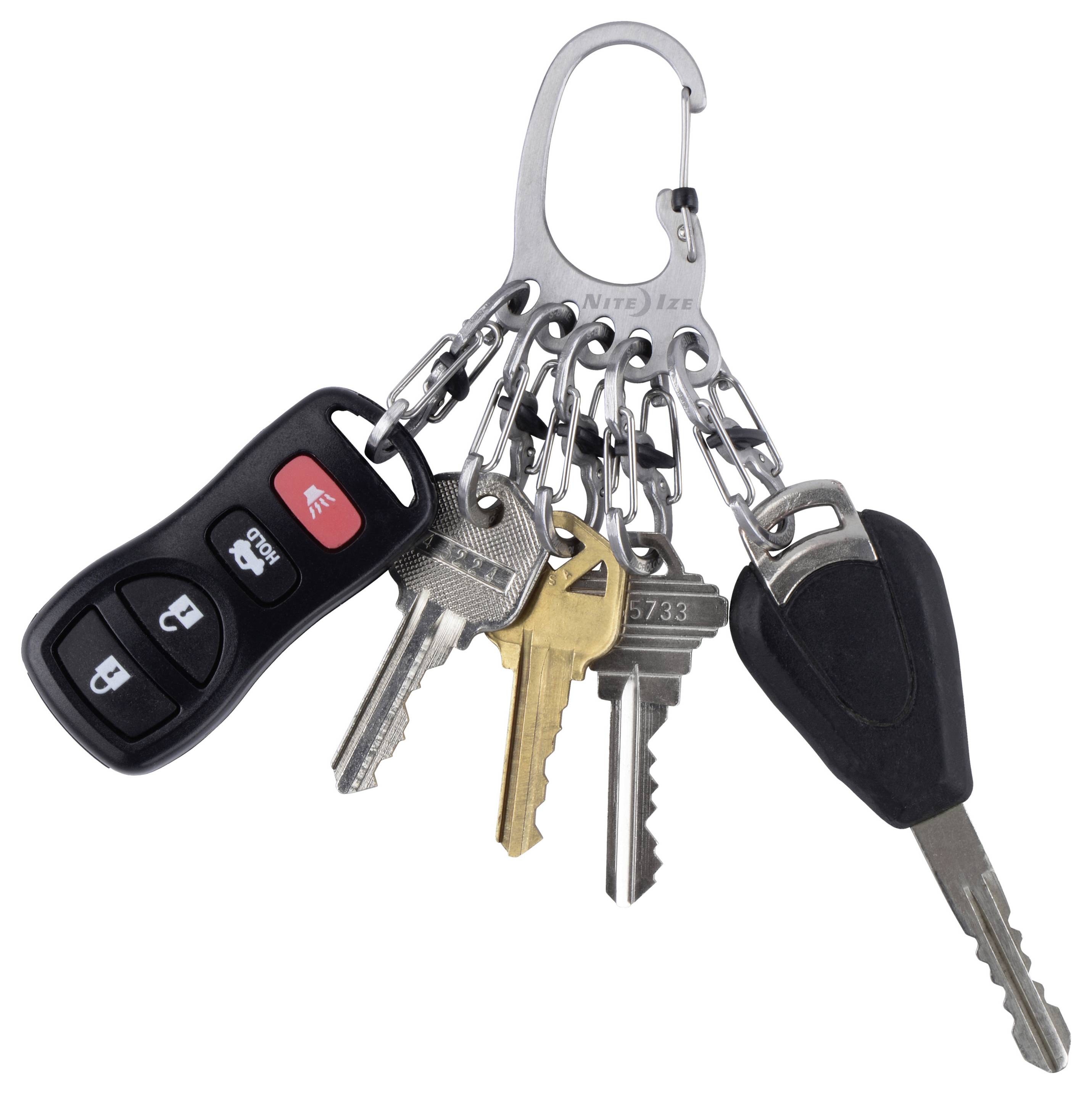 A keychain with several keys and a black car remote attached, featuring various metallic and brass keys.