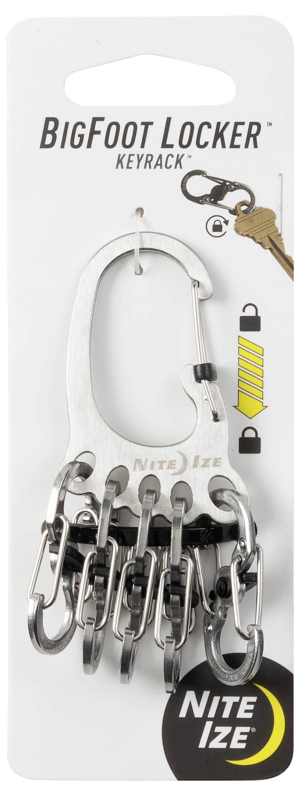 'Nite Ize BigFoot Locker Keyrack' packaging, featuring a silver carabiner with multiple black clip hooks for organizing keys.