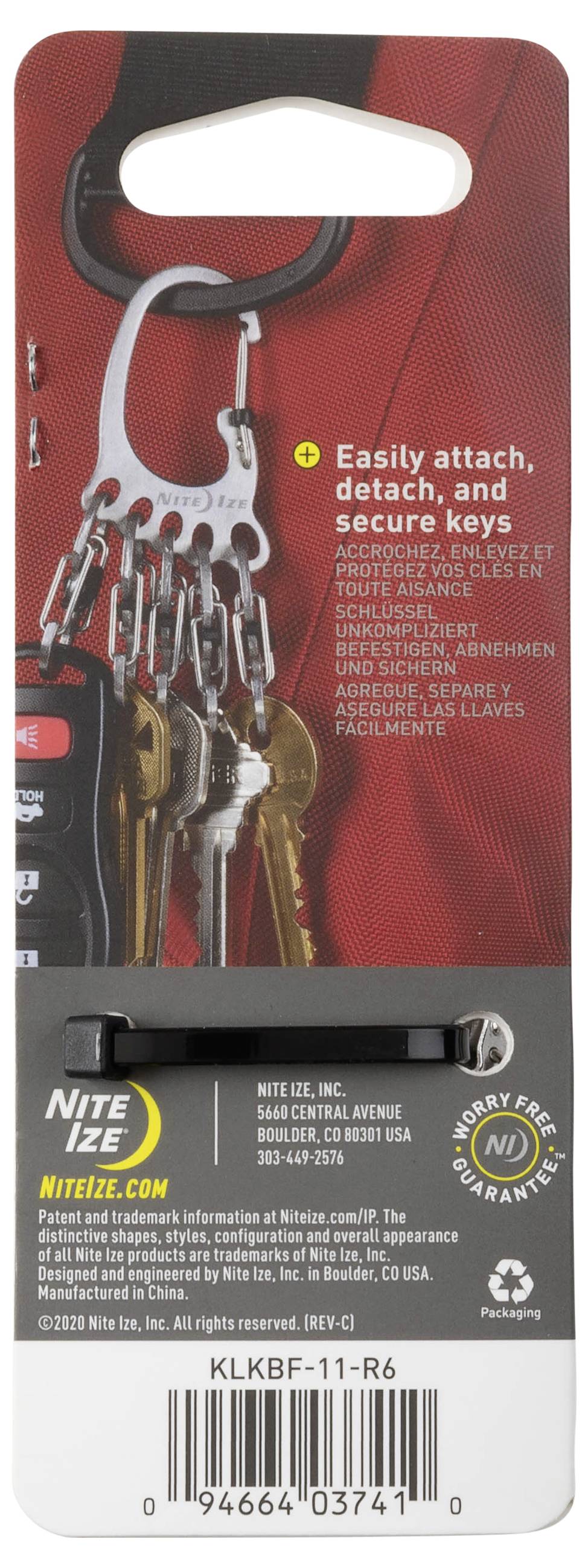 Package for Nite Ize S-Biner with keys attached, highlighting 'Easily attach, detach, and secure keys' feature.