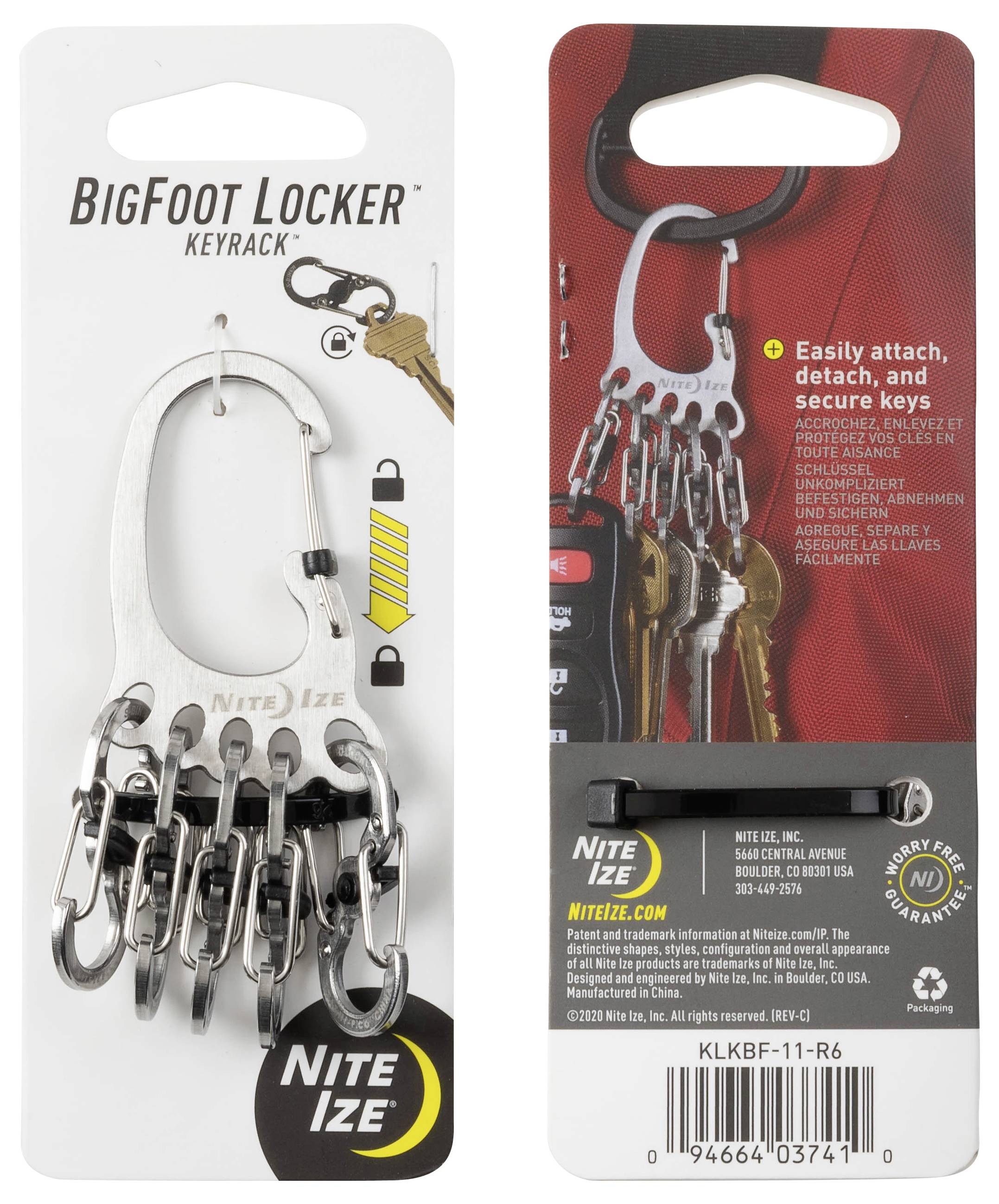 'BigFoot Locker KeyRack' packaging with a metal clip and five mini S-Biners for organizing keys. Text highlights attaching, detaching keys.