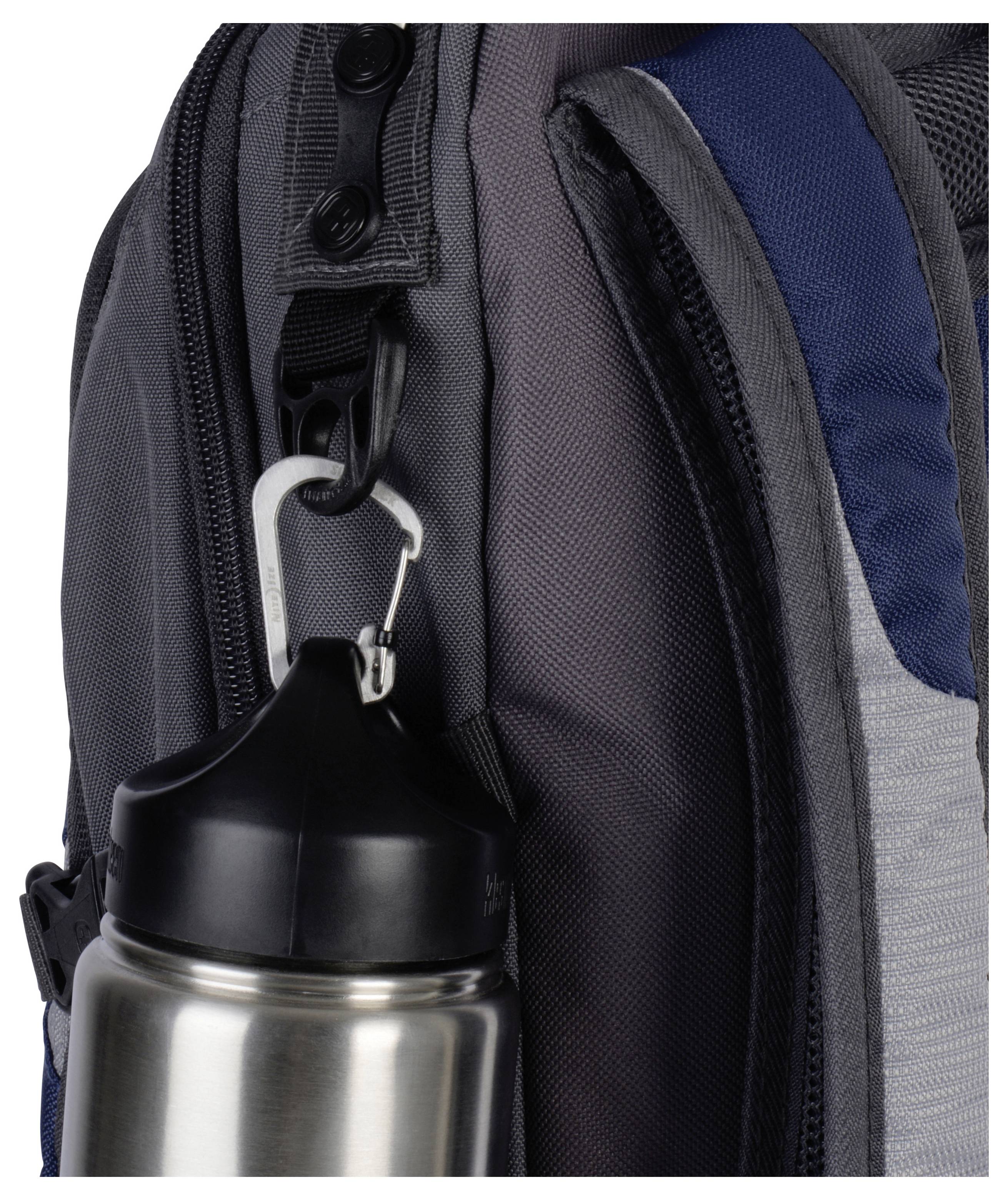 A backpack with a stainless steel water bottle attached to the side using a carabiner.