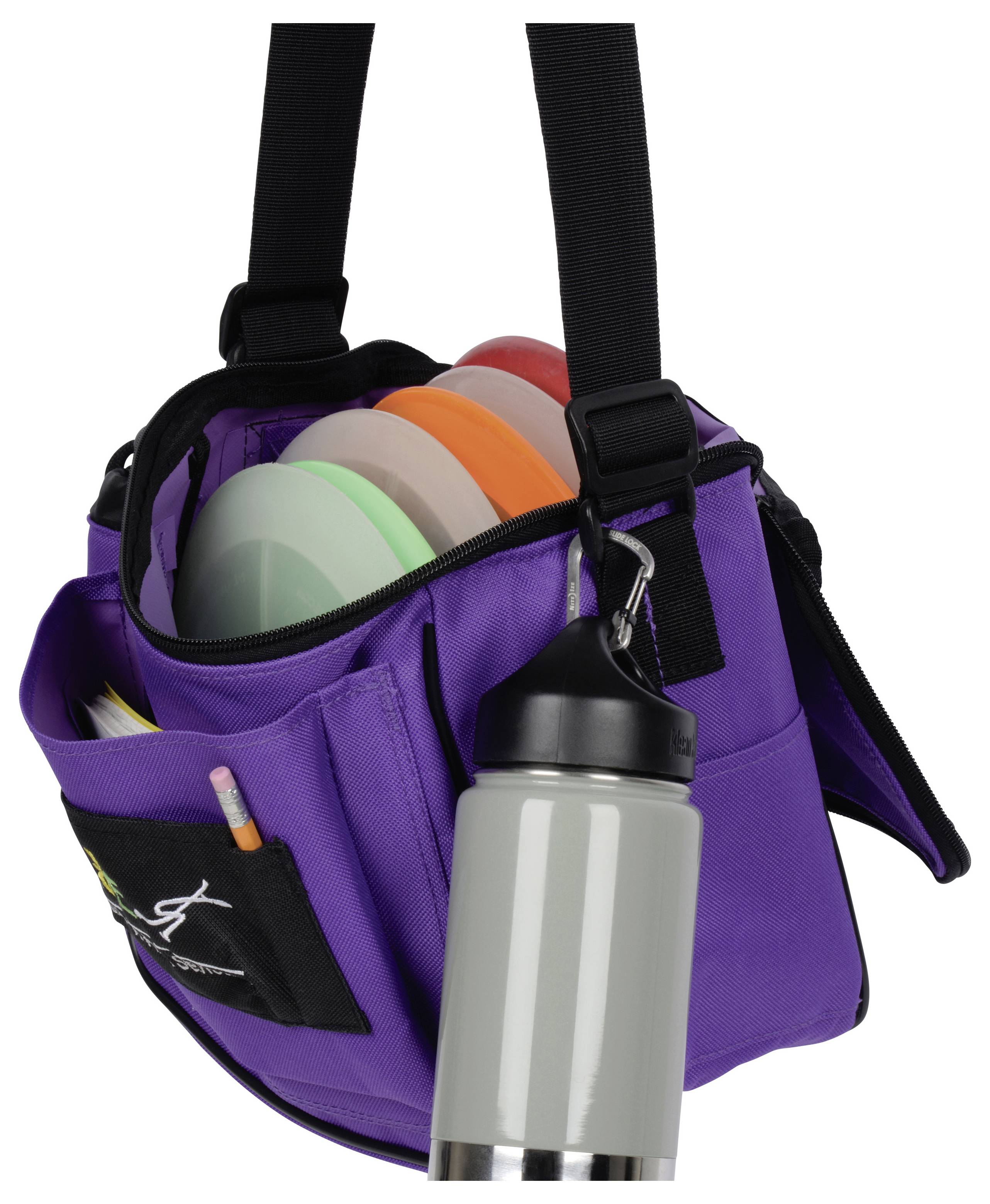 A purple disc golf bag with multiple pockets holding discs, a pencil, and a water bottle attached.