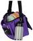 A purple disc golf bag with multiple pockets holding discs, a pencil, and a water bottle attached.