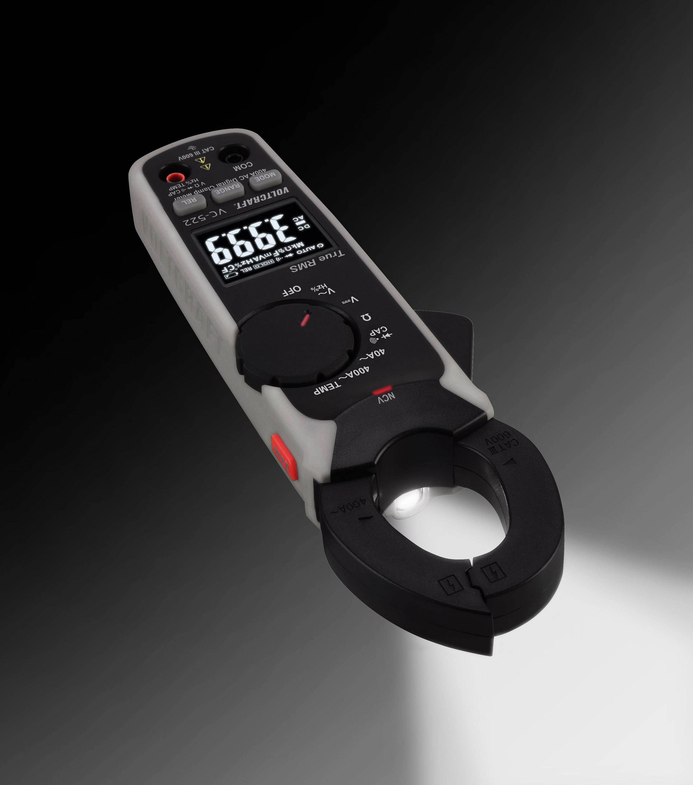 A digital clamp meter displays '239.9' on an illuminated display. The device has a black and white body.