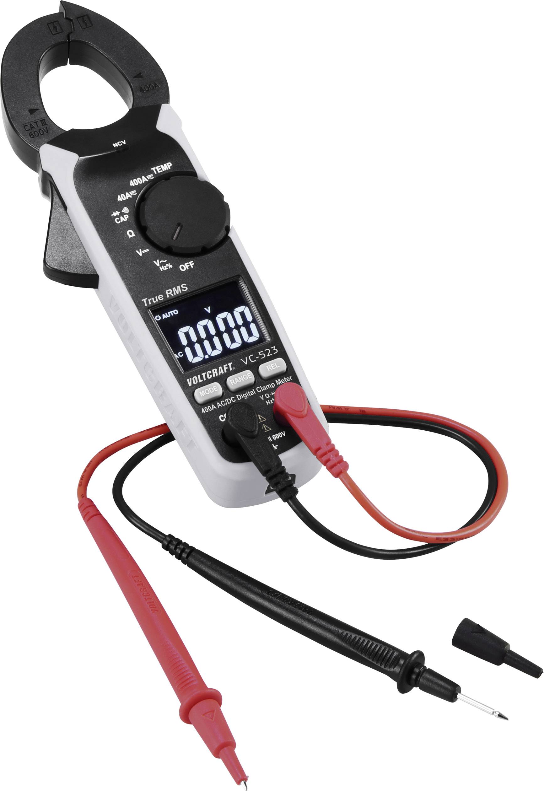 Digital clamp multimeter with black and red measurement leads; displays '0.000' on the screen. Used for measuring electrical currents.