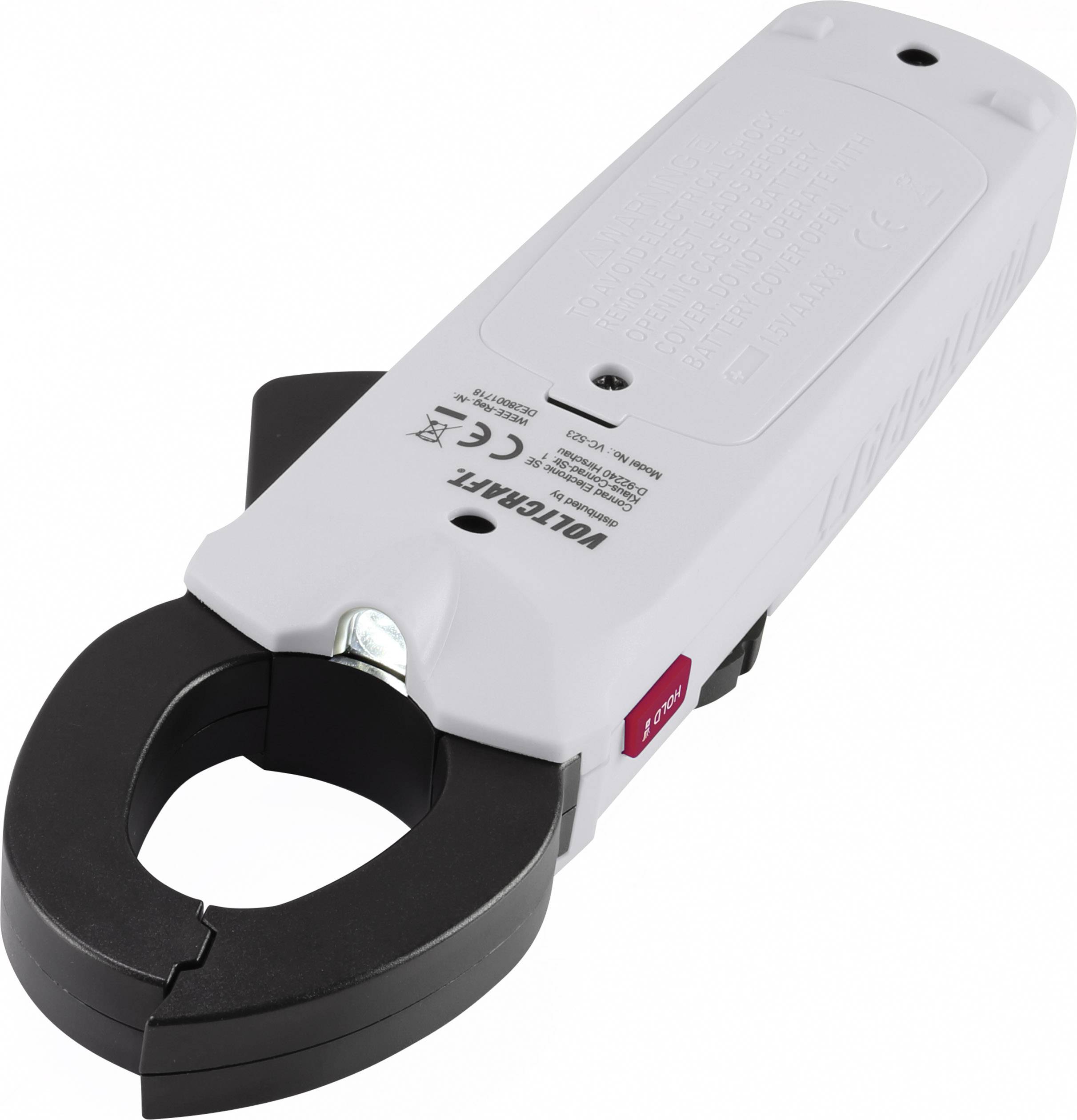 A digital electricity meter with clamp function, primarily white with a black clamp area, displays various safety instructions.