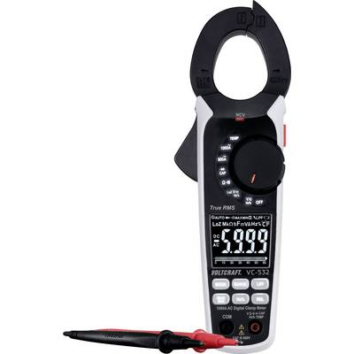 Digital clamp meter in black and white colour. Displays readings on a screen. Used for measuring electrical parameters.