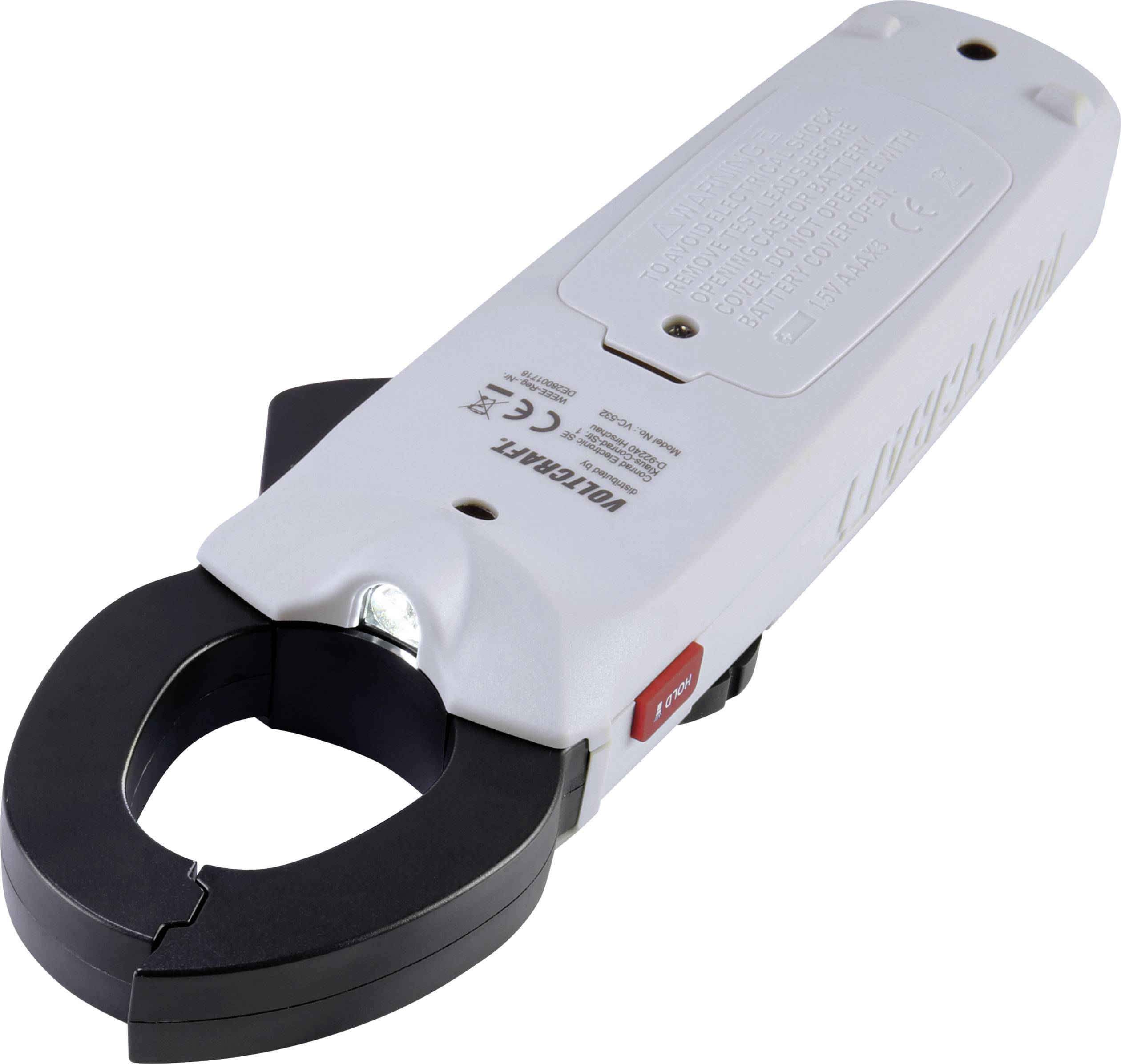 A white current clamp meter with a black gripping arm for current measurement, depicted on a white background.