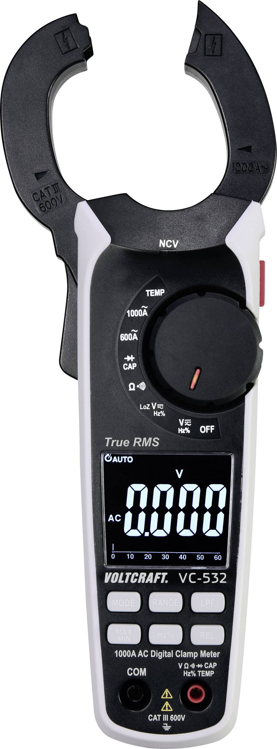 Digital clamp meter with electronic display. Showing zero volt AC measurement. Black and white casing.