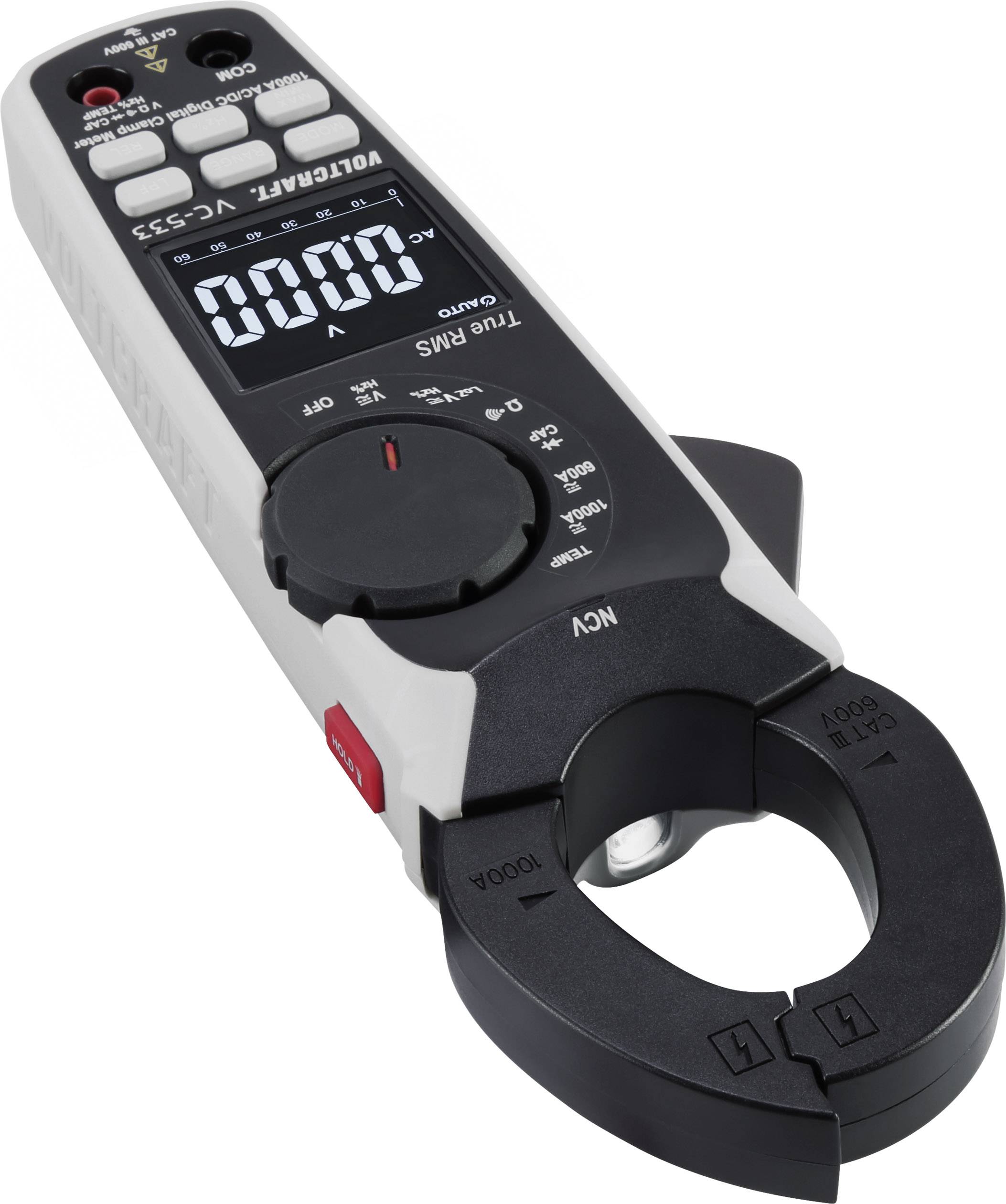 A digital clamp multimeter with a large display, rotary dial, and measurement probes. Display shows '0.000 V'. Suitable for current measurements.