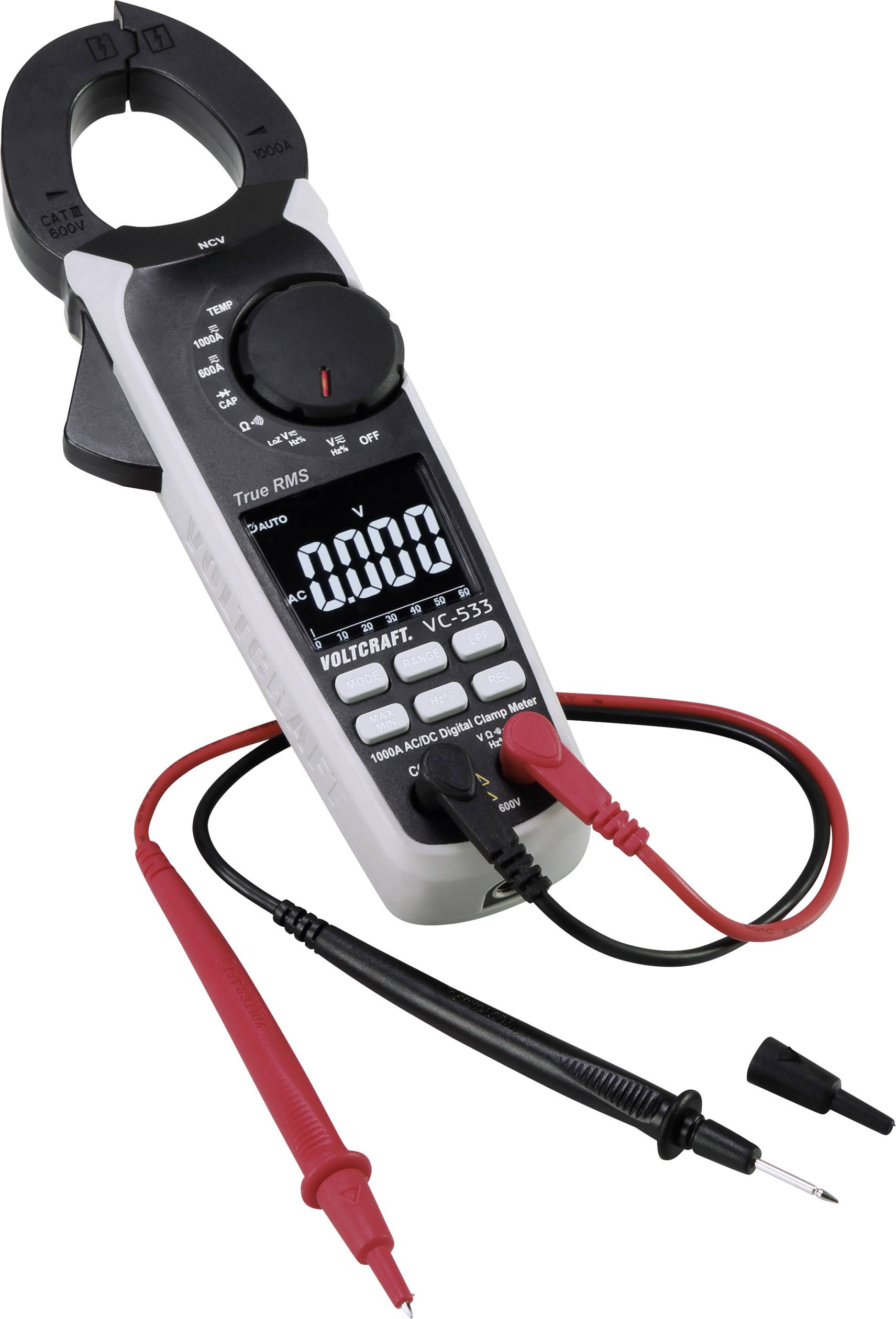 Digital multimeter with clamp sensor and two test leads, red and black, for current and voltage measurement.