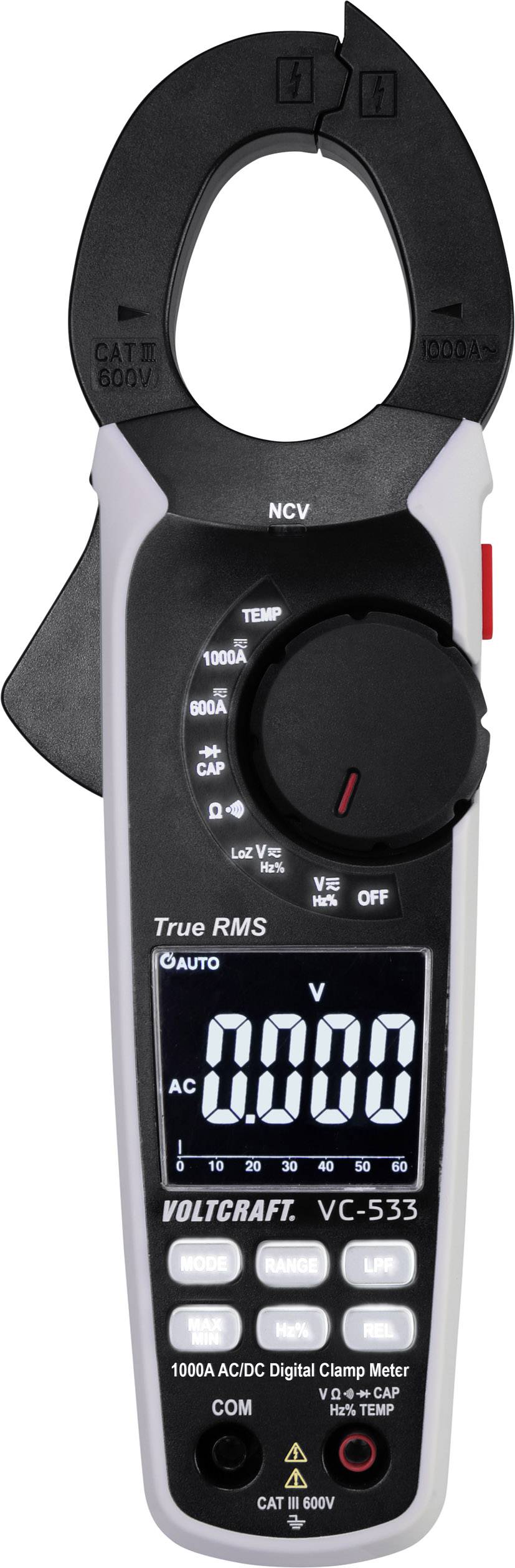 Digital Electrical Multimeter with Clamp Function. Displays 0.000 AC Volts on the screen. Brand: VOLTCRAFT Model: VC-533.