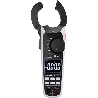 An electronic clamp multimeter displays '0.00 AC' on the display. It has various measurement functions for voltage and current measurement.