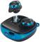 Wireless in-ear headphones with a blue-black charging case, with one earbud hovering above the charging station, demonstrating magnetic docking.