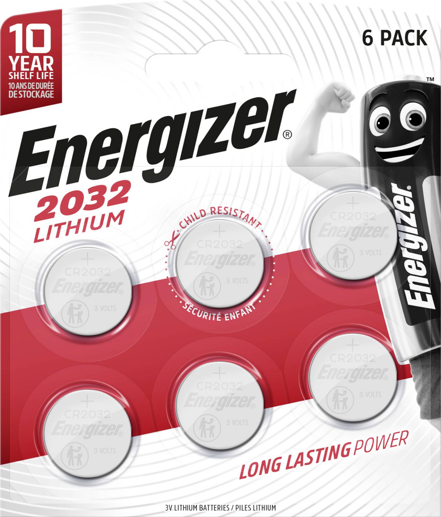 Six-pack of Energizer 2032 Lithium Batteries. Text on packaging: '10 Year Shelf Life', 'Child Resistant', 'Long Lasting Power'.