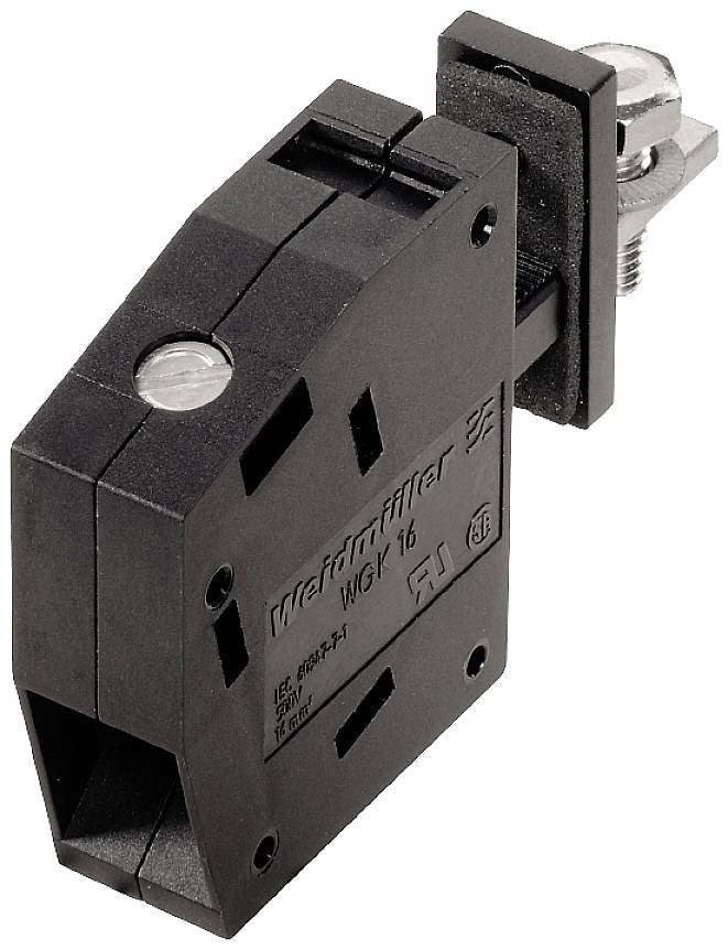 Black current transformer WG16 in side view. Used in electrical circuits for measuring or monitoring currents.