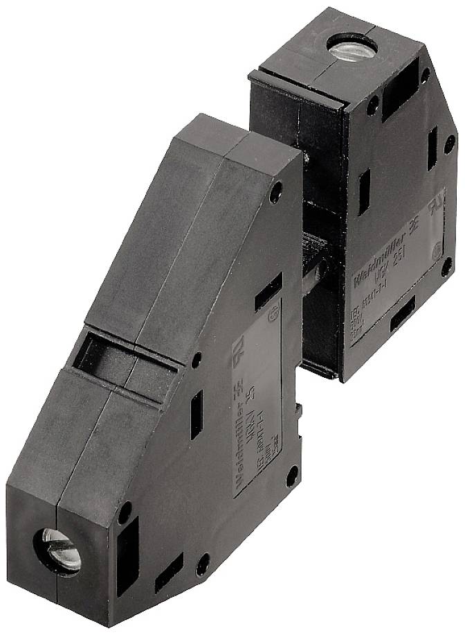A black, diagonally positioned electrical connection module with multiple openings and labels on the housing surface.