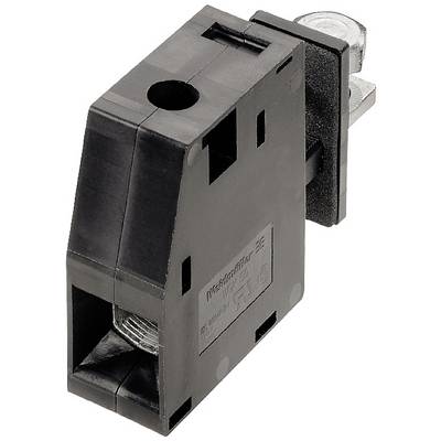 A black electrical circuit breaker in a rectangular shape. It is designed for mounting on a din rail.