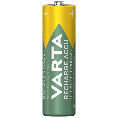 Green and yellow AA battery with the inscription 'VARTA RECHARGE ACCU' and 'Recycled 2100mAh'.