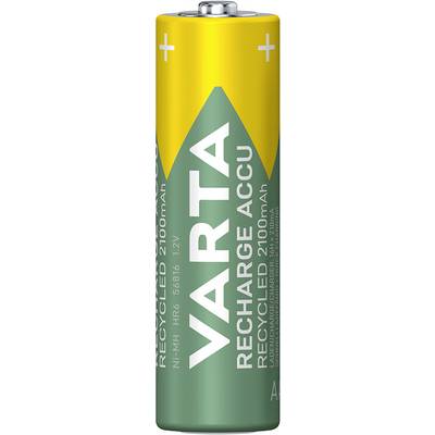 A VARTA AA battery, rechargeable with 2100mAh. The label shows 'RECYCLED 2100mAh'.