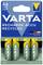 Four Varta AA batteries in packaging with a blue top surface and yellow accent. Text 'Recharge Accu Recycled'.