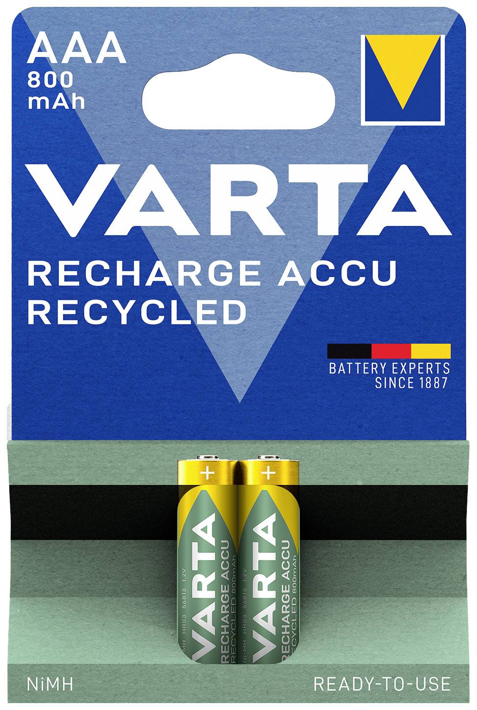 Two rechargeable AAA batteries from Varta in a pack with 800 mAh capacity, manufactured from recycled material.