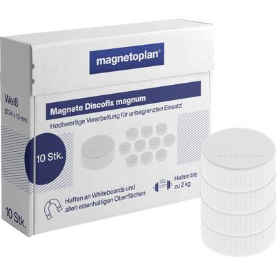 Box of 'magnetoplan Magnete Disofix magnum, Weiß, 10 Stk.' containing 10 round white magnets that hold up to 2 kg for use on whiteboards and metal surfaces.