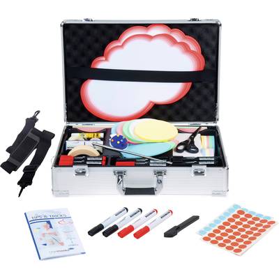 Moderation toolkit with coloured cloud-shaped cards, markers, scissors, notes and instructions. Perfect for meetings.