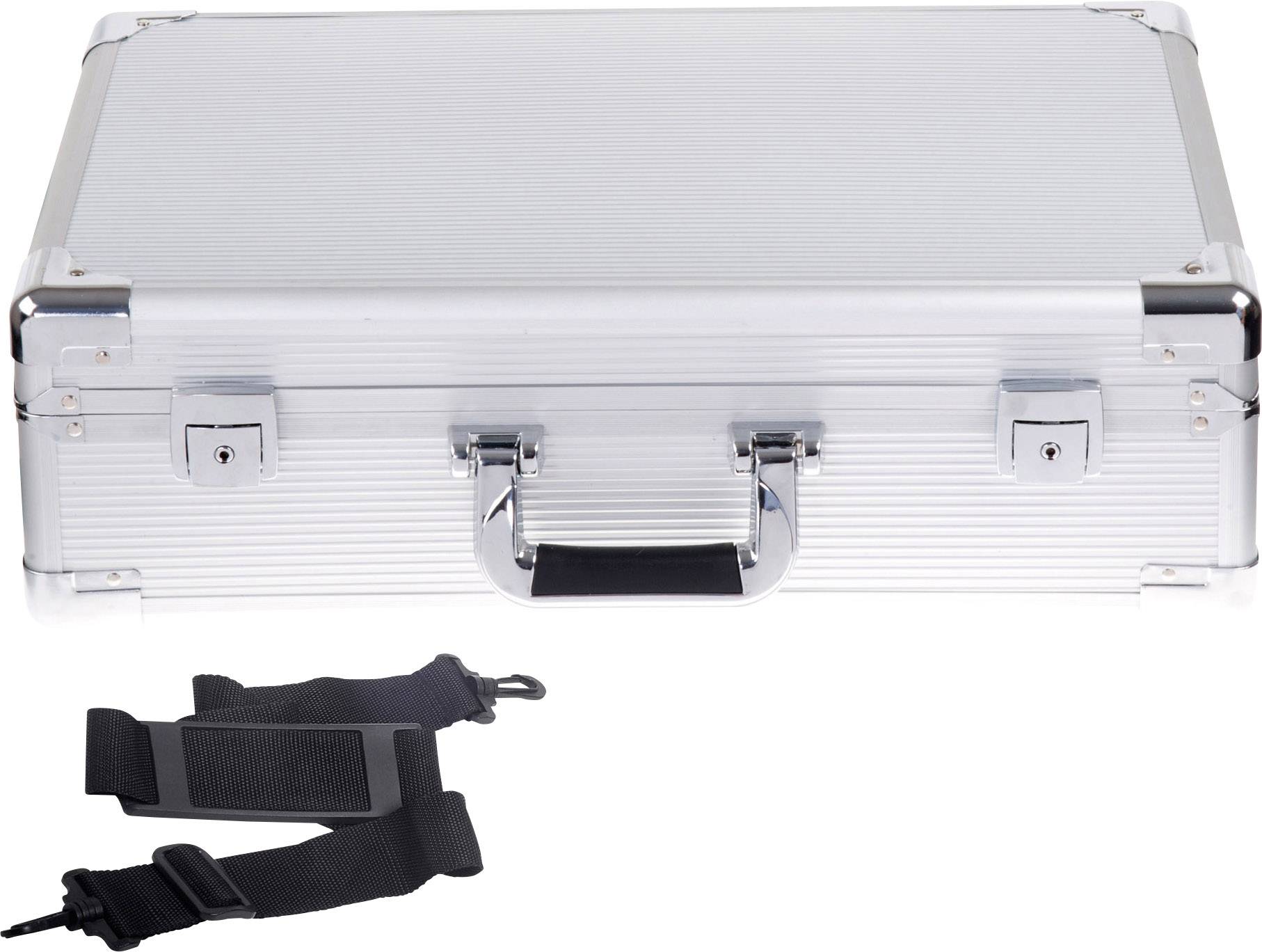 Silver metal case with black handle and side shoulder strap.