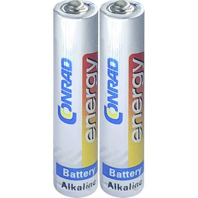 Two alkaline batteries from the Conrad brand, placed side by side, with the word 'energy' printed in colourful colours on the label.