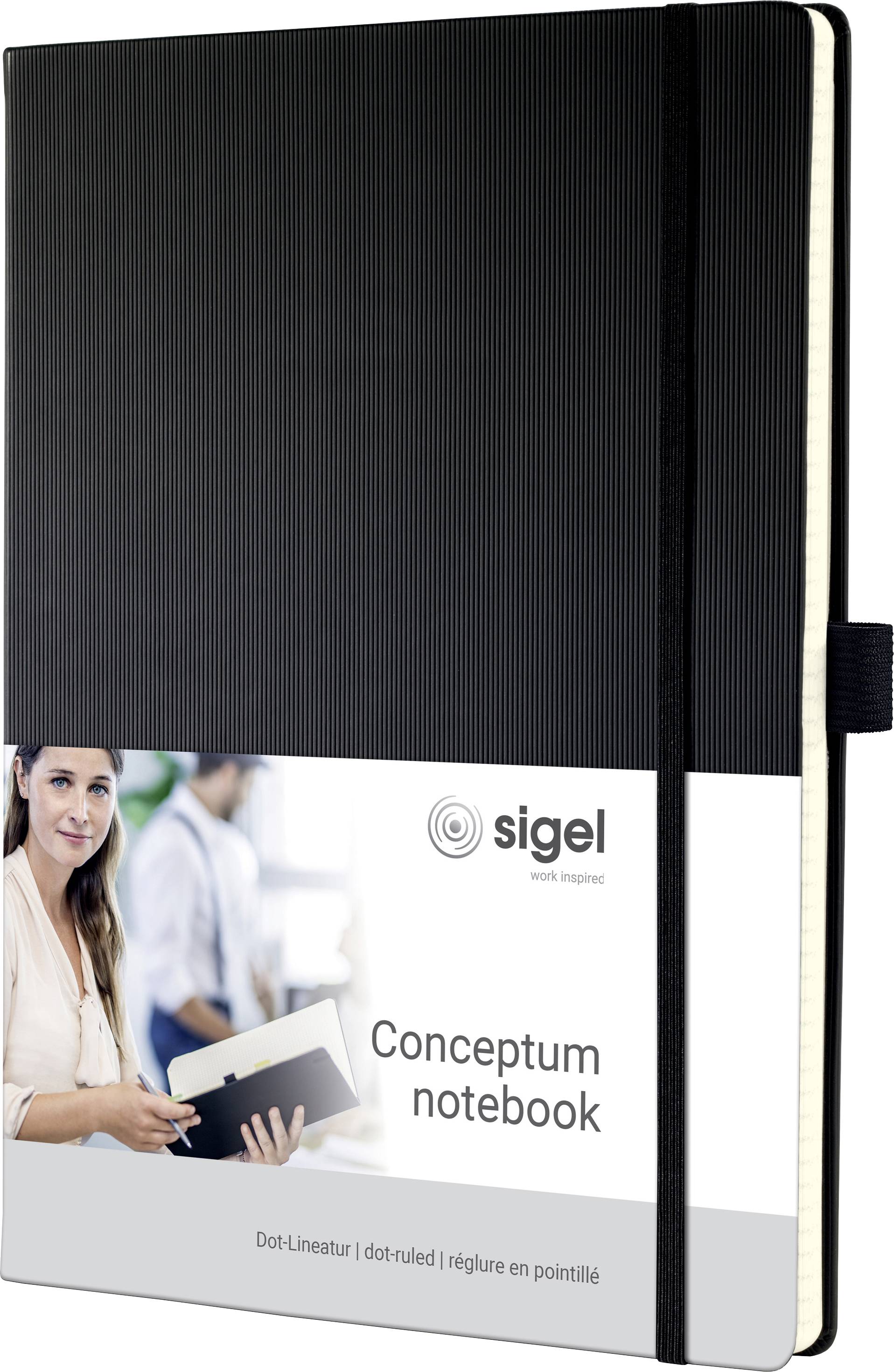 A black notebook with the inscription 'sigel Conceptum notebook'. A woman is holding a tablet. Dotted grid layout.