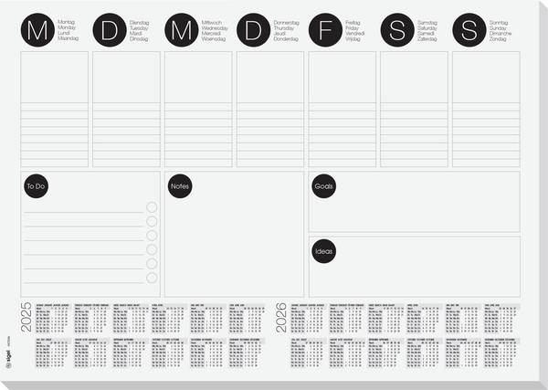<br> Sigel<br> HO506<br> Desk pad <br> Two-year planner<br> 2025, 2026<br> <br> <br> Black, White<br> (W x H) 42 cm x 29.7 cm<br> 30 sheet<br> 30 sheet<br> <br>