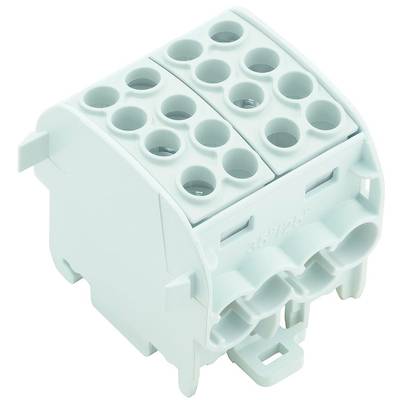 'White multi-terminal plastic connection block with a square shape, side-opening electrical terminals.'