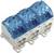 A white and blue electrical terminal module with three separate connection areas and mounting holes.