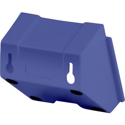 Blue, rectangular component with two oval openings at the top and three drilled holes at the bottom, possibly a housing.