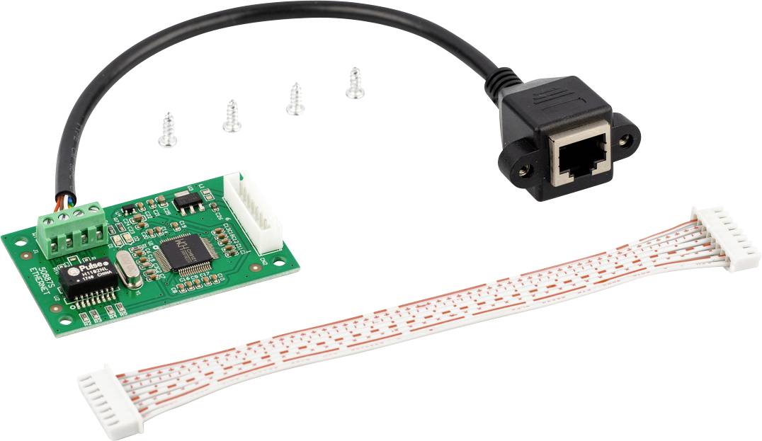 Electronic module with circuit board, cables, and screws shows hardware components for technical connections, such as networks.