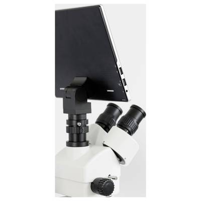 A microscope with three eyepieces and an attached black tablet surface for image viewing or analysis.