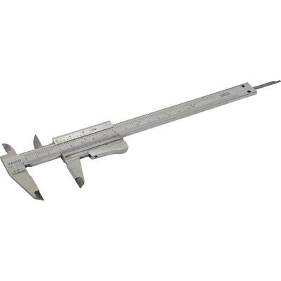 Metal vernier calliper with scale, positioned on a neutral background. Used for precise measurement of objects.