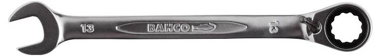 'A Bahco ratchet wrench showing both an open-end and a ratcheting box-end, sized 13mm and engraved with the brand logo.'